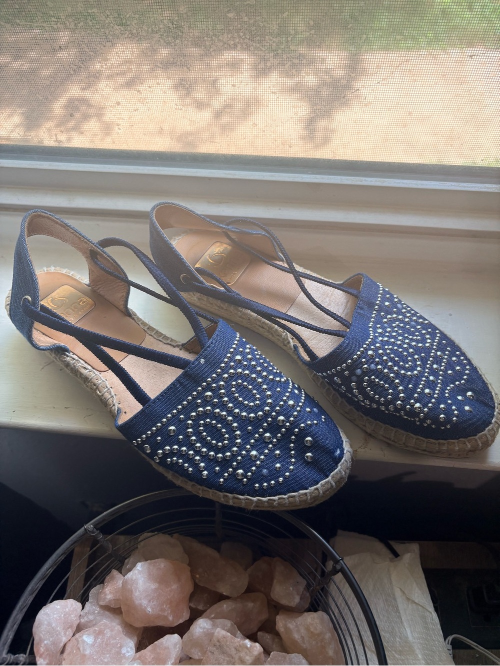 Kanna brand European Navy Studded Espadrille Slingback Flats sz 38